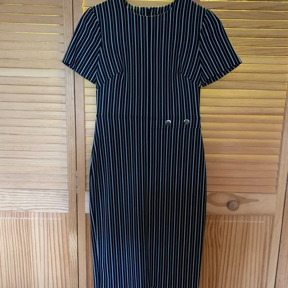 Navy and grey striped suit dress.
